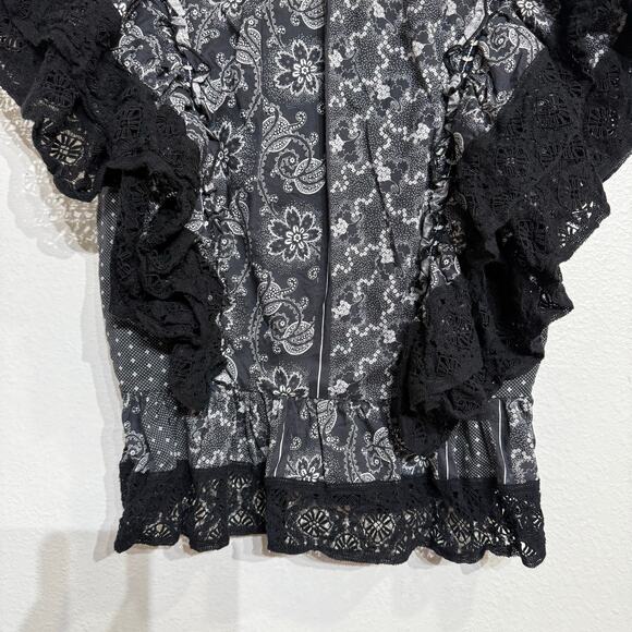 Hunter Bell NYC Black Gray Floral Stripe Eliza Ruffle Lace Top Sz 0 - Picture 4 of 11